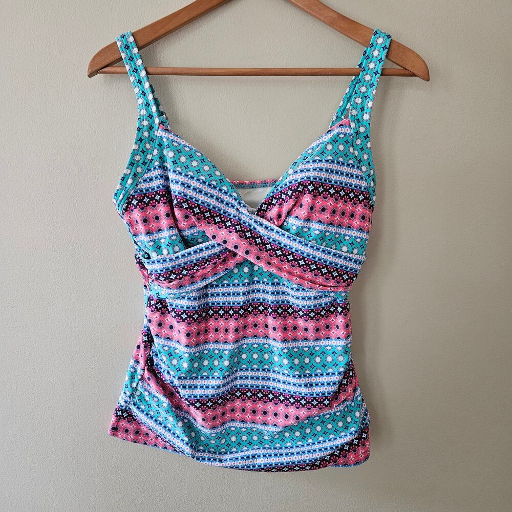 Lands' End Sweetheart Wrap Tankini Top Size 10 Underwire Geometric Boho